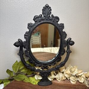 Vtg Ornate Cast Iron Tabletop Vanity Mirror Black Victorian French Country Decor